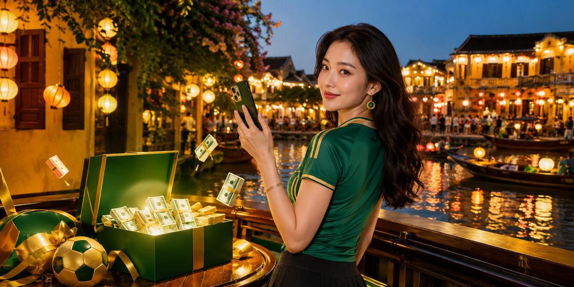 Người dùng tại phố đèn lồng Hội An xem tỷ lệ kèo trên điện thoại ban đêm