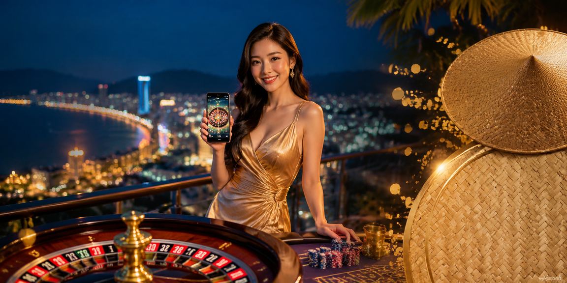 Người phụ nữ đội nón lá tại Quy Nhơn tham gia roulette trực tuyến trên điện thoại